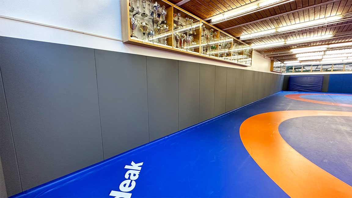 Wandprallschutz fuer Sportanlagen in der Farbe grau