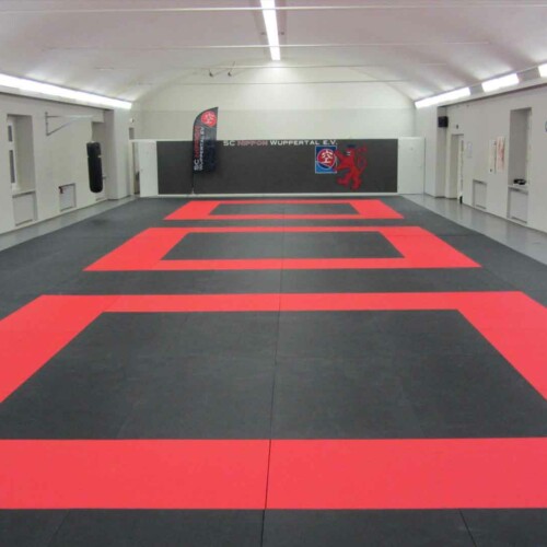 schwarz-rote Judomattenfläche mit drei Kampfflächen