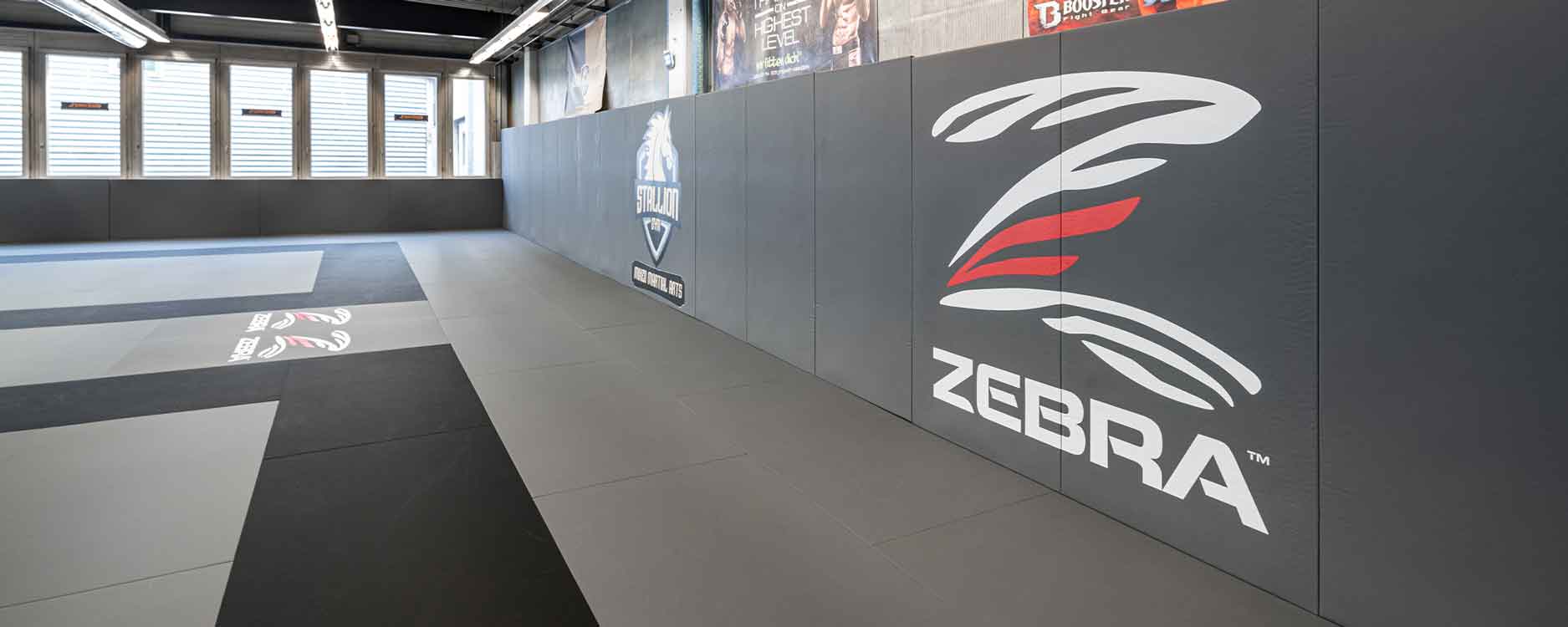 MMA Gym mit schwarzen und grauen ZEBRA Smooth Series Kampfsportmatten
